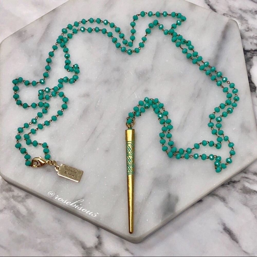 {✨E+L🌙} 14K Gold Boho Pendant + Glass Teal Chain - Picture 2 of 8